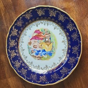 VINTAGE MZ CHECH REPUBLIC COBALT BLUE GODDESS PLATE 24K GOLD"9.75".